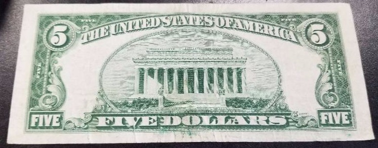 1953-A BLUE SEAL US $5 SILVER CERTIFICATE FEDERAL RESERVE NOTE VF