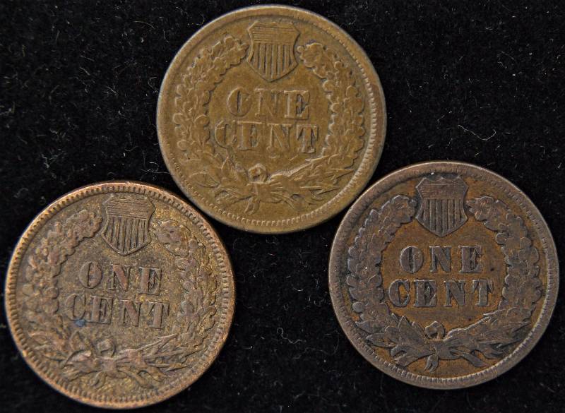 3 INDIAN HEAD CENTS 1865 G, 1895 XF & 1898 FINE