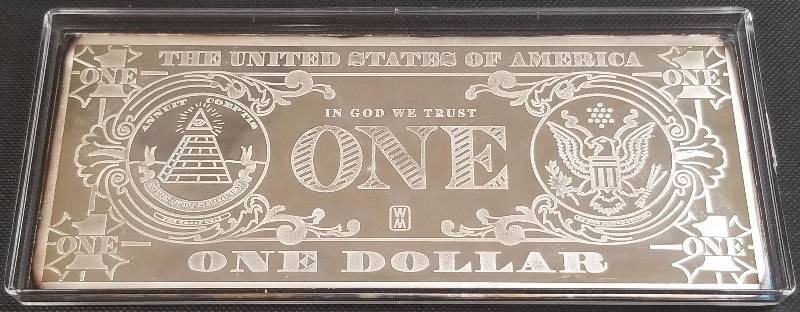 4 TROY OZ. .999 FINE SILVER $1 BILL DESIGN IN HARD PLASTIC CASE