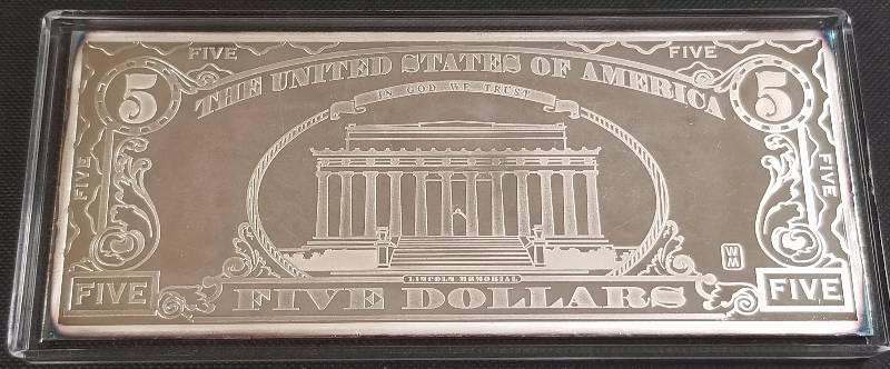 4 TROY OZ. .999 FINE SILVER $5 BILL DESIGN IN HARD PLASTIC CASE