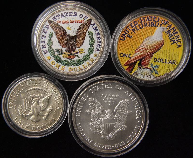 4 COLOR ENHANCED SILVER COINS 1921 MORGAN, 1922 PEACE, 2002 ASE & 1967 KENNEDY