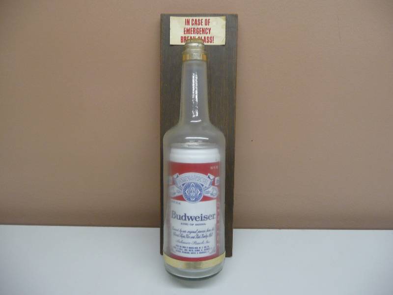 lot 4 image: RARE - Vintage Budweiser In Case of Emergency Break Glass Beer Bar Pub Sign - Approx 14tall 5wide - See Pictures