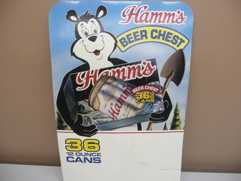 lot 9 image: RARE VINTAGE HAMMS BEER DOUBLE SIDED ADVERTISING CARDBOARD SIGN - APPROX 13WIDE 20HIGH - SEE PICTURES