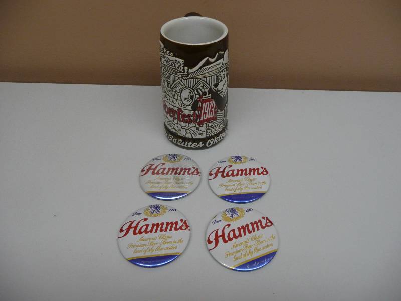 lot 13 image: HAMMS BEER OKTOBERFEST 1973 BEER STEIN WITH 4 HAMMS BEER BUTTONS MADE OUT OF VINTAGE HAMMS BEER CANS - SEE PICTURES