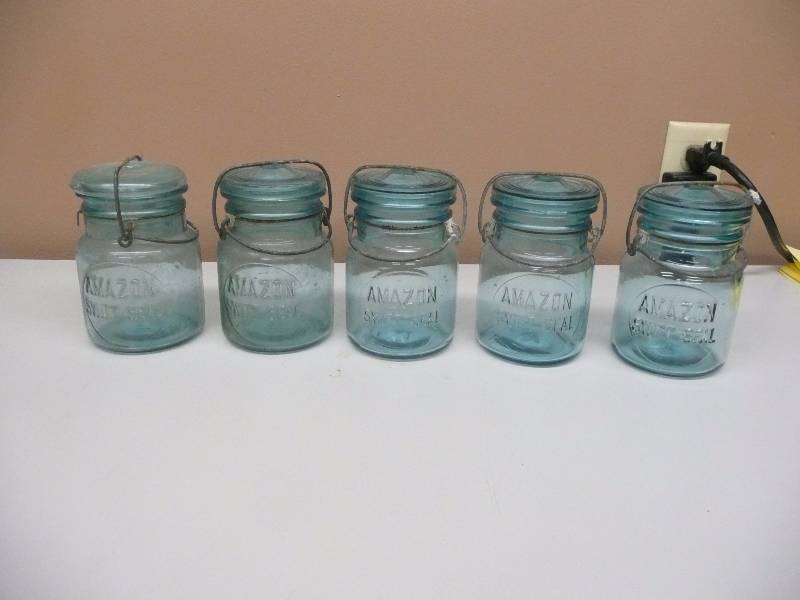 lot 39 image: 4- ANTIQUEVintage AMAZON SWIFT SEAL Embossed Aqua Glass Pint Canning Jars - SEE PICTURES