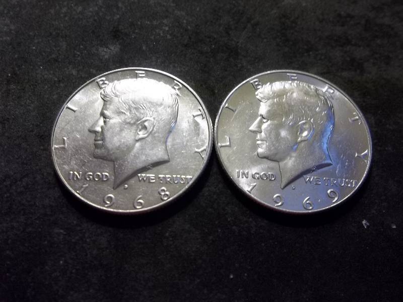 1968, 1969 Kennedy Silver Half Dollars 40%