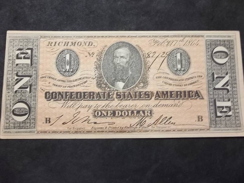 One Dollar Confederate Bill Dated Feb. 17 1864 From Richmond