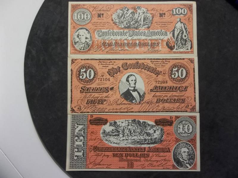 3-Confederate Bills 100 Dollars, 50 Dollars, 10 Dollars (Appear To Be Facsimile- Copies)