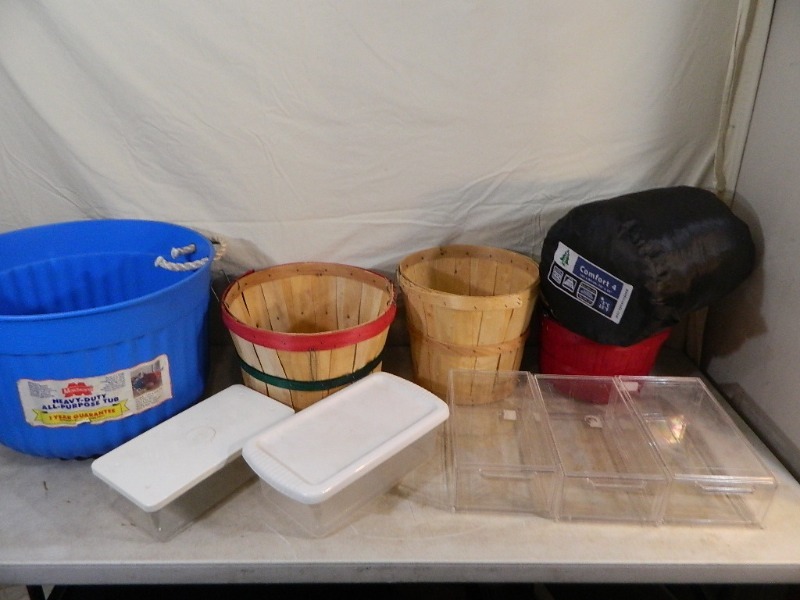 lot 77 image: Tub, Baskets, Sleeping Bag, Etc