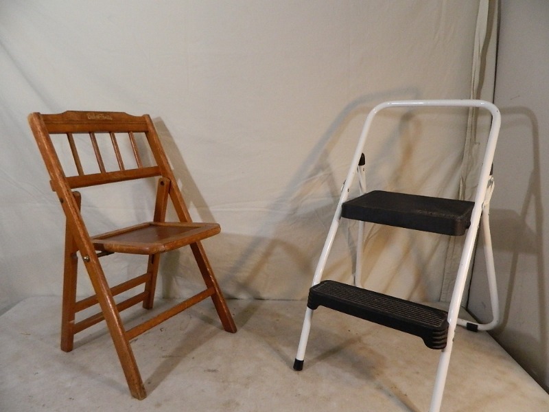 lot 180 image: Folding Step Stool and Folding Vintage Wood Kids Chair