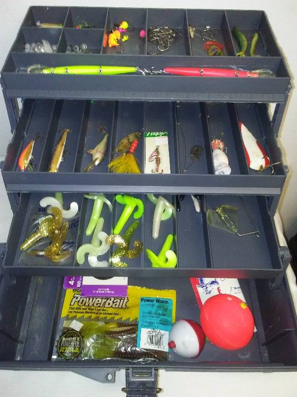 lot 13 image: Plano Grey Tackle Box with Tackle, Mepps, Hula Popper and more