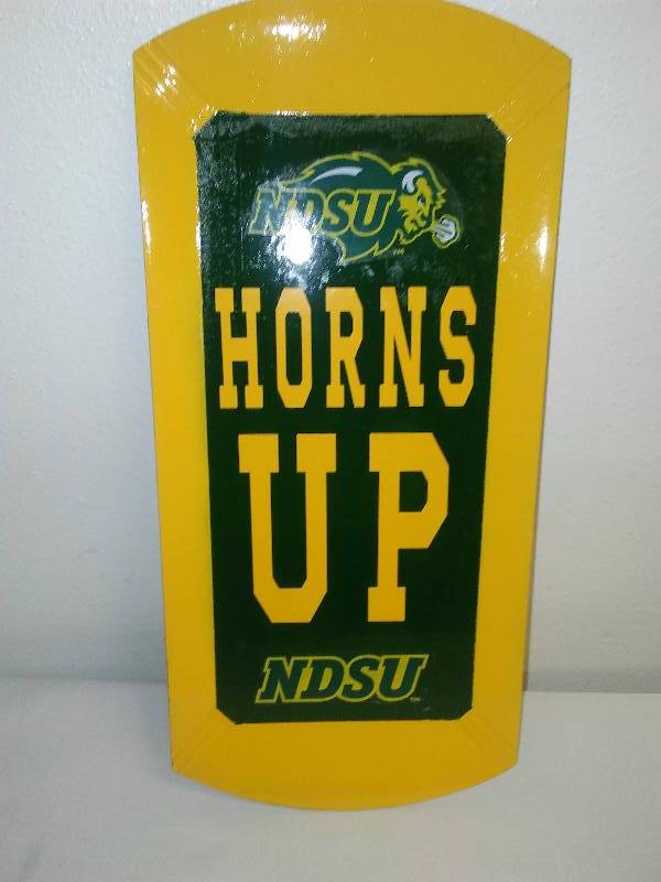 lot 112 image: NDSU Bison HORNS UP Display Sign, wood tray, 16 x 8 inches, Trademark decals