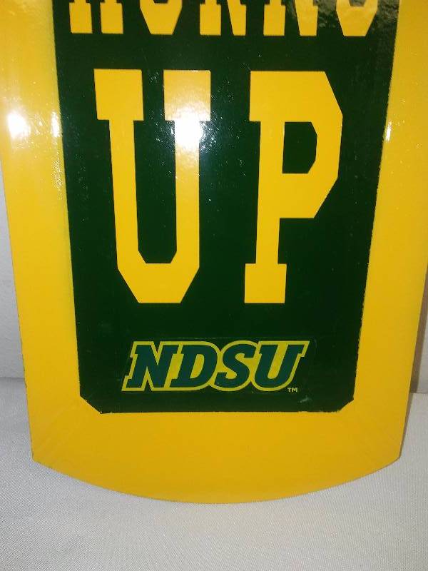 NDSU Bison HORNS UP Display Sign, wood tray, 16 x 8 inches, Trademark