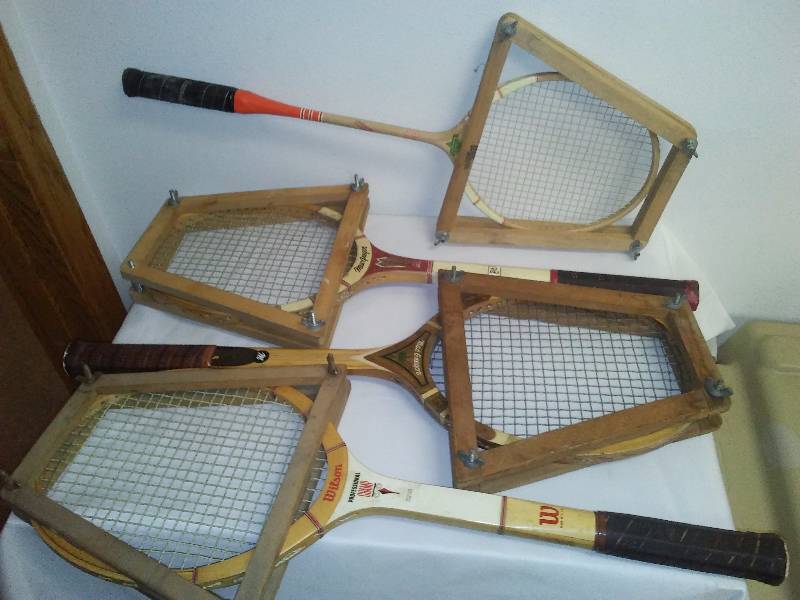 lot 119 image: Vintage Tennis (3) and Badminton Racket in wood presses