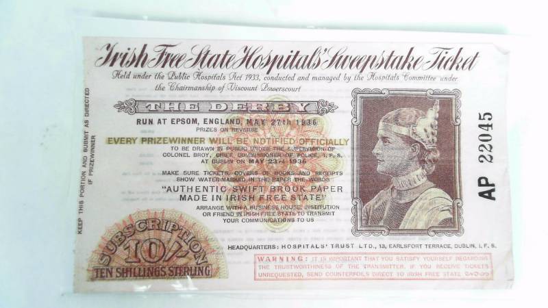 lot 3 image: Lot of 6 - Irish Free State Hospital Sweepstakes Ticket
