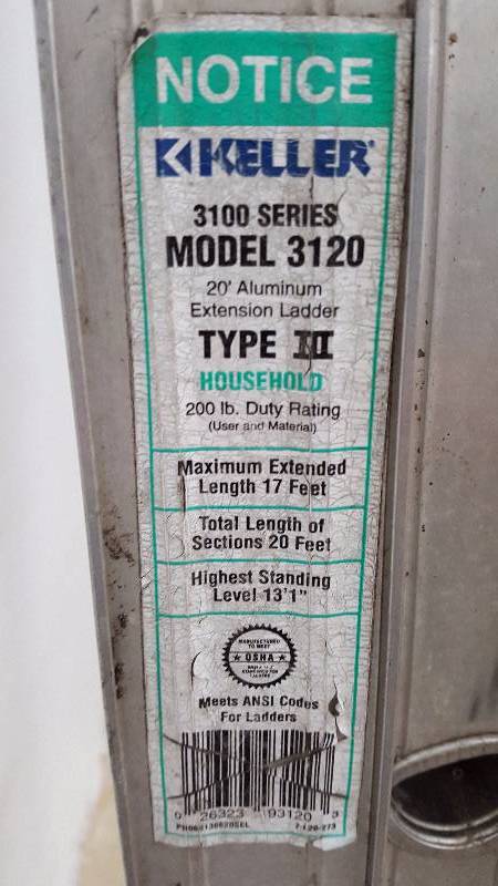 lot 2935 image: Keller Aluminum Ladder Model 31210 Max Extended Height of 17 Type III