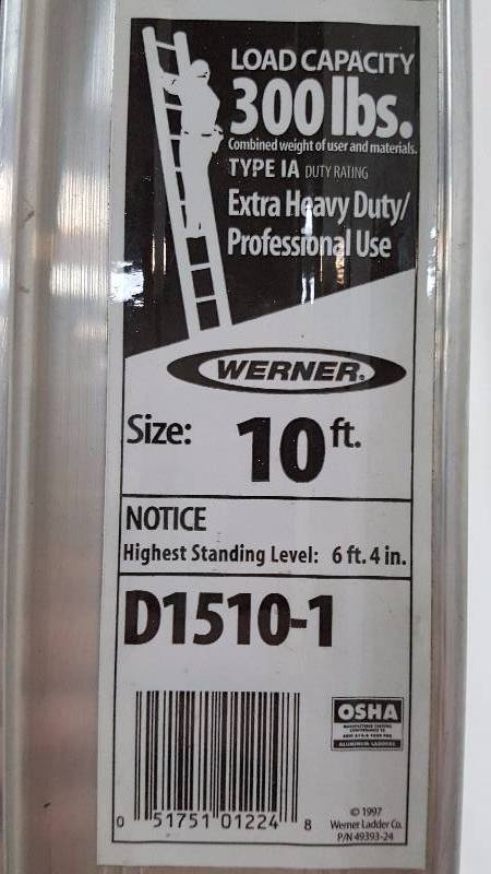 lot 2936 image: Werner 10 Aluminum Ladder Model D1510-1 Type IA Max Load 300 lbs