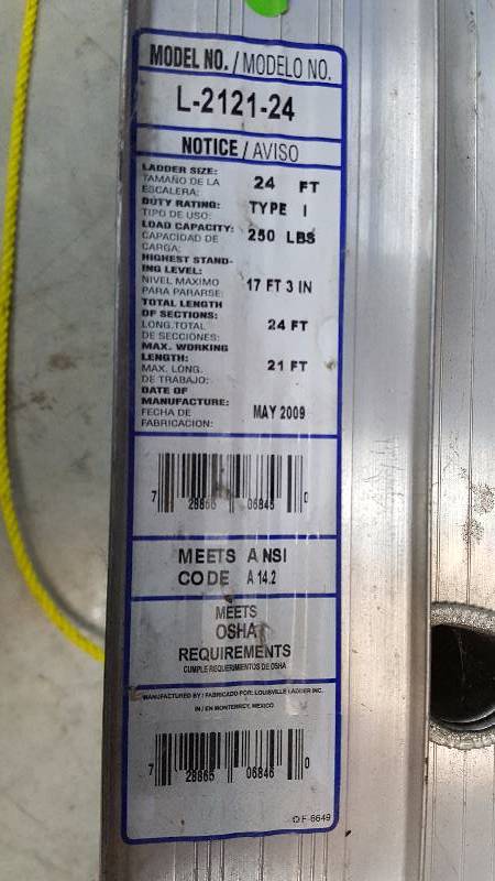 lot 2937 image: Louisville 24 Aluminum Ladder Model L-2121-24 Type I Max Load 250 lbs