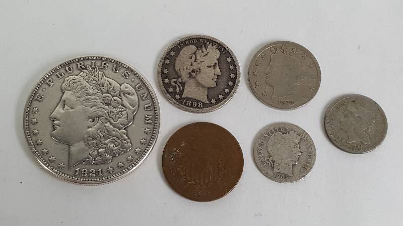 lot 5 image: Lot of 6 - US Coin Set - 1921 Morgan Dollar, 1898 Quarter, 1905 Dime