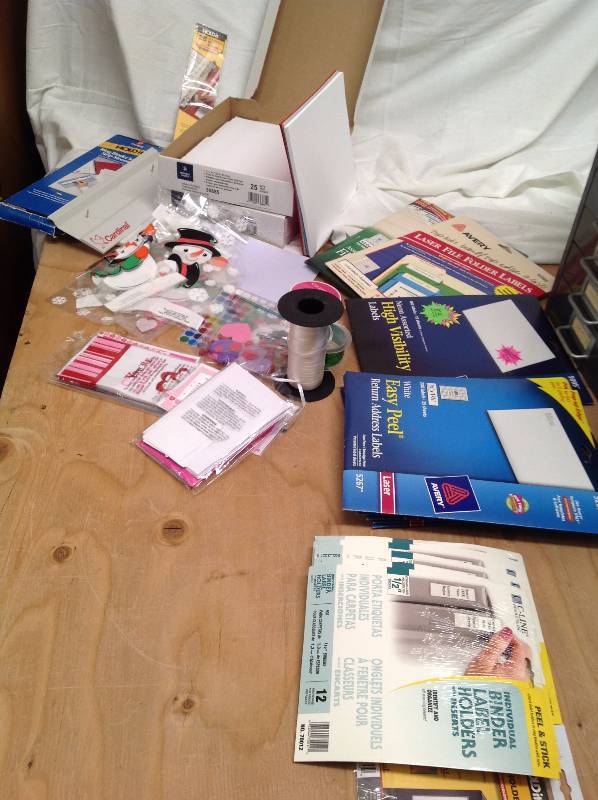 lot 28 image: Index Divider, Ribbon, Misc Art Supplies, Partial Used Boxes- Labels- 3 File Folder, Urgent Labels, 4 Return Address Labels, Ring Binder Insert, Binder Label Holder