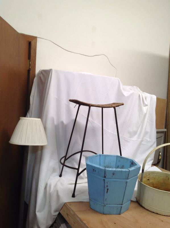 lot 77 image: Stool,  Wooden Bucket, Metal pail, vintage floor lamp with shade