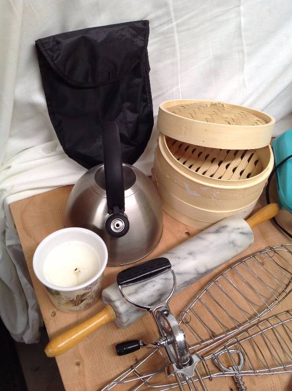 lot 104 image: Kitchen Items, Tea Pot, Bambo Steamer, Granite Roller, Baby Cakes, Pasta Press