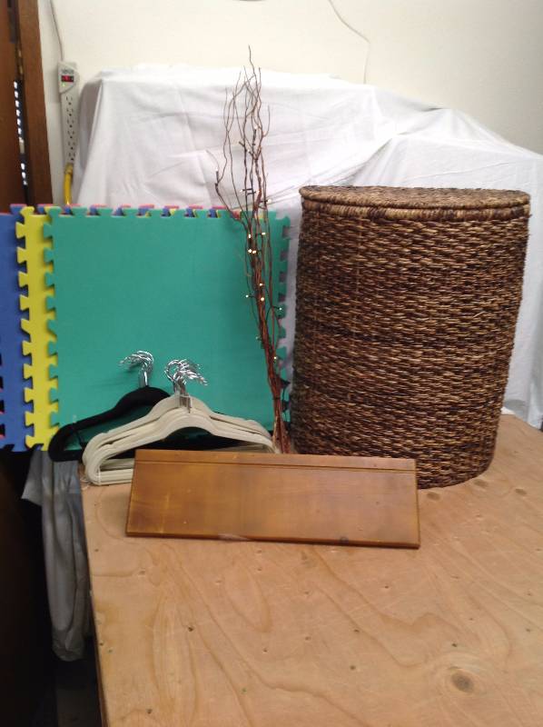 lot 106 image: Laundry Basket, Foam Tiles, Clothes Hangers, Shelve.