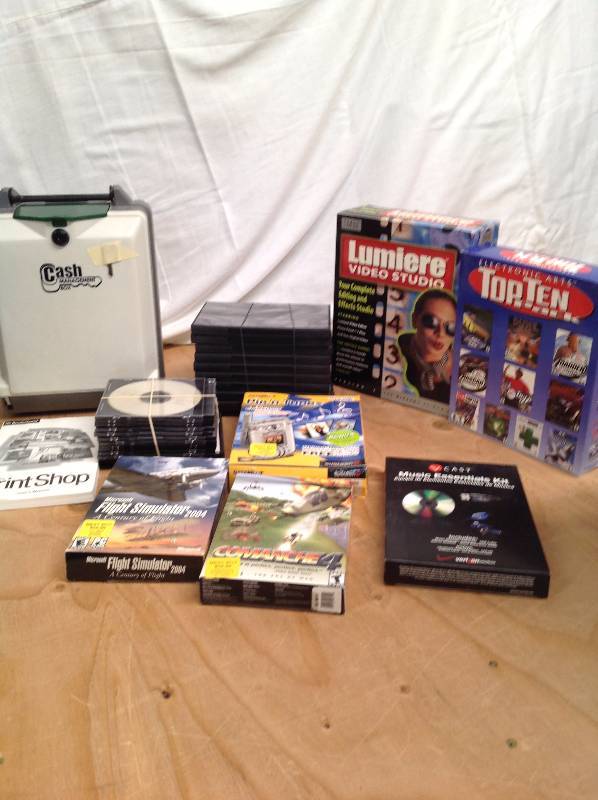 lot 116 image: Cash box and computer software and blank DVDs