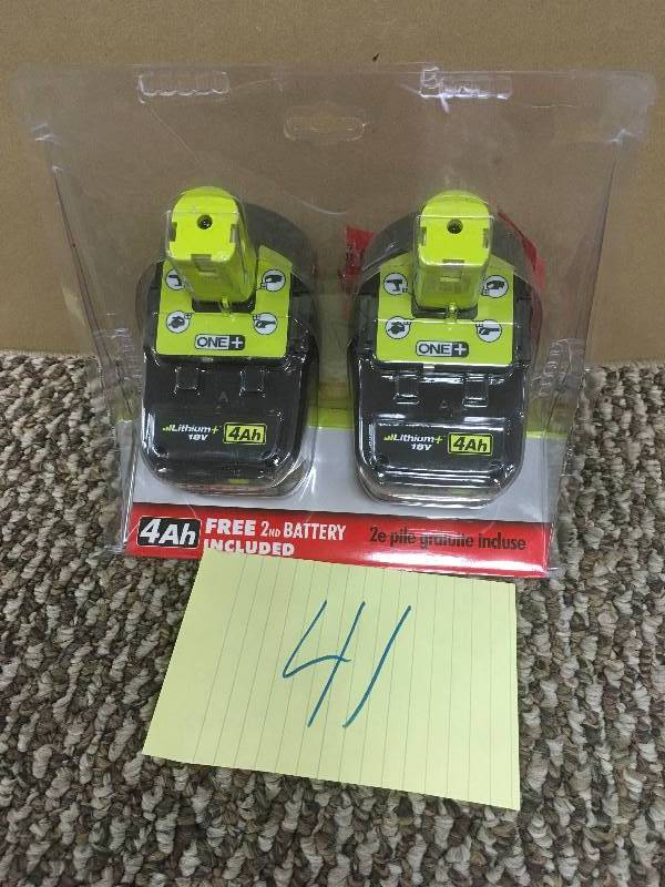 lot 41 image: Ryobi 18-Volt One Lithium-Ion High Capacity Lithium Battery Pack 4.0Ah (2-Pack) - Open Box