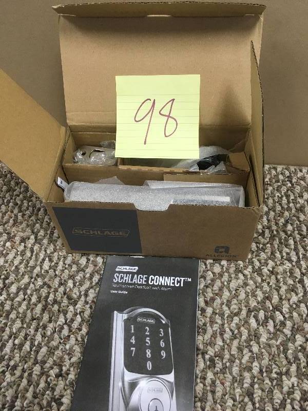 lot 98 image: Schlage Connect Camelot Satin Nickel Touchscreen Deadbolt with Alarm - Open Box