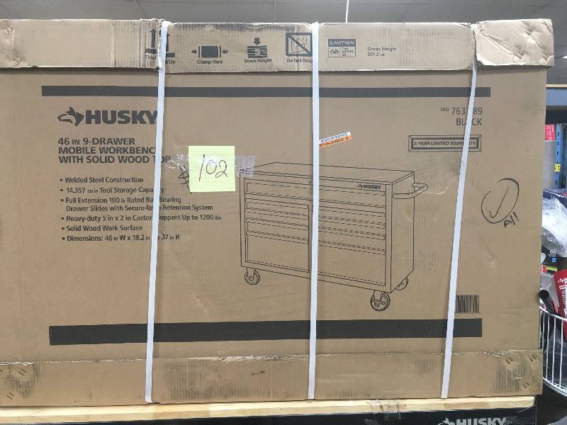 lot 102 image: Husky 46 in. 9-Drawer Mobile Workbench with Solid Wood Top - Open Box