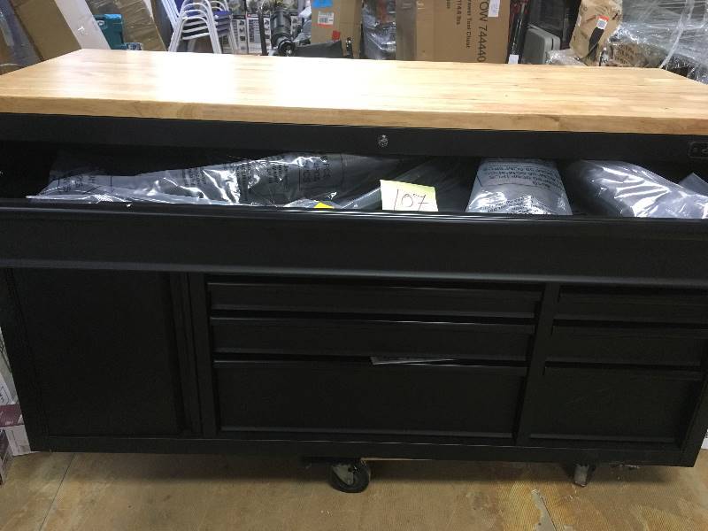 lot 107 image: Husky 60.125 in. 10-Drawer Mobile Workbench, Textured Black Matte OPEN BOX NEVER USED