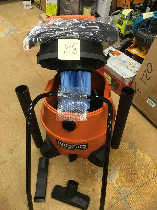 lot 108 image: Ridgid 16 Gallon WetDry Vac with Cart - Open Box