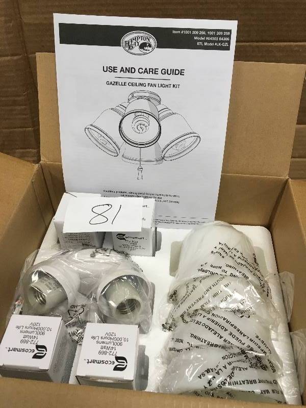 Hampton Bay 4-Light Universal Ceiling Fan Light Kit with Shatter Resistant Shades, Natural Iron - Open Box