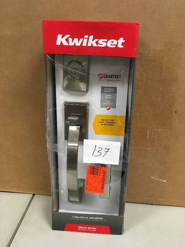 Kwikset featuring SmartKey Tavaris Single Cylinder Handleset with Vedani Lever, Satin Nickel - Open Box