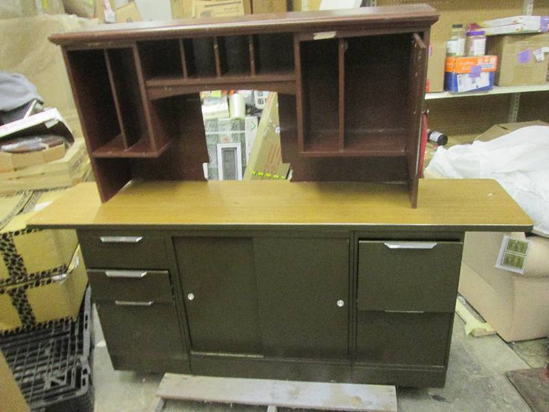 lot 54 image: metal desk and a top to a wood desk...