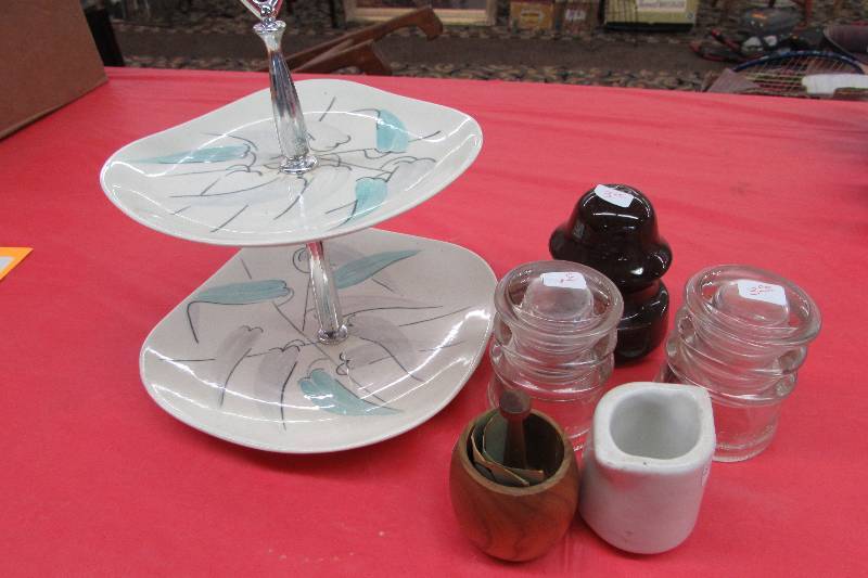 lot 255 image: RED WING TWO TIERED SERVING TRAY, THREE INSULATORS, SMALL PITCHER