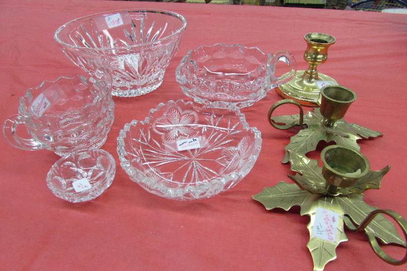 lot 256 image: CUT GLASS SERVING DISHES AND BRASS CANDLE HOLDERS