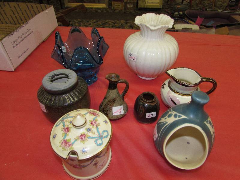 lot 257 image: BLUE GLASS DISH, VASE, SMALL POTTERY PIECES