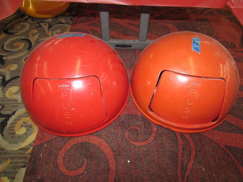 lot 268 image: TWO ROUND DOMED TRASH CAN TOPPERS, METAL