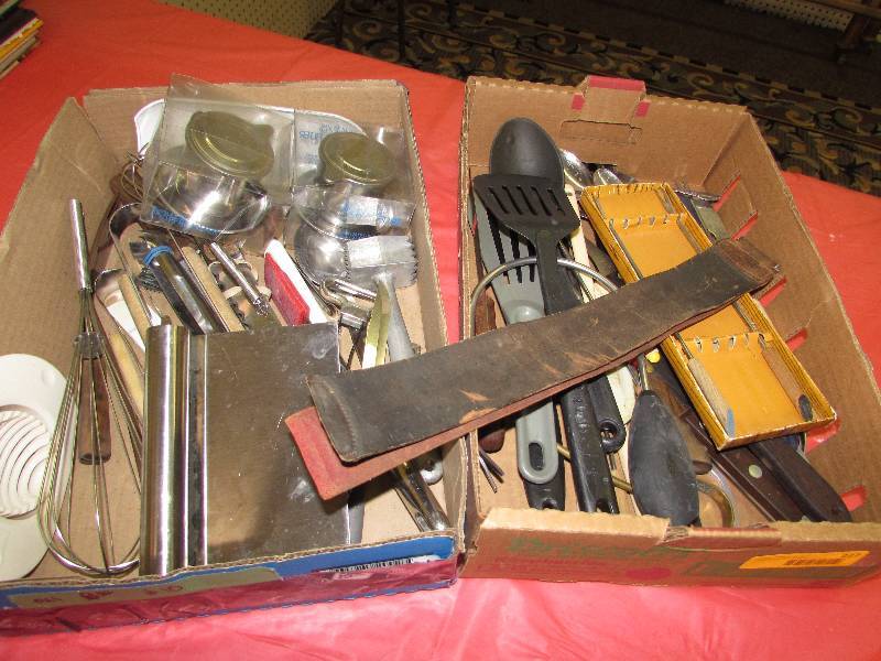 lot 227 image: TWO FLATS OF MISC KITCHEN UTENSILS