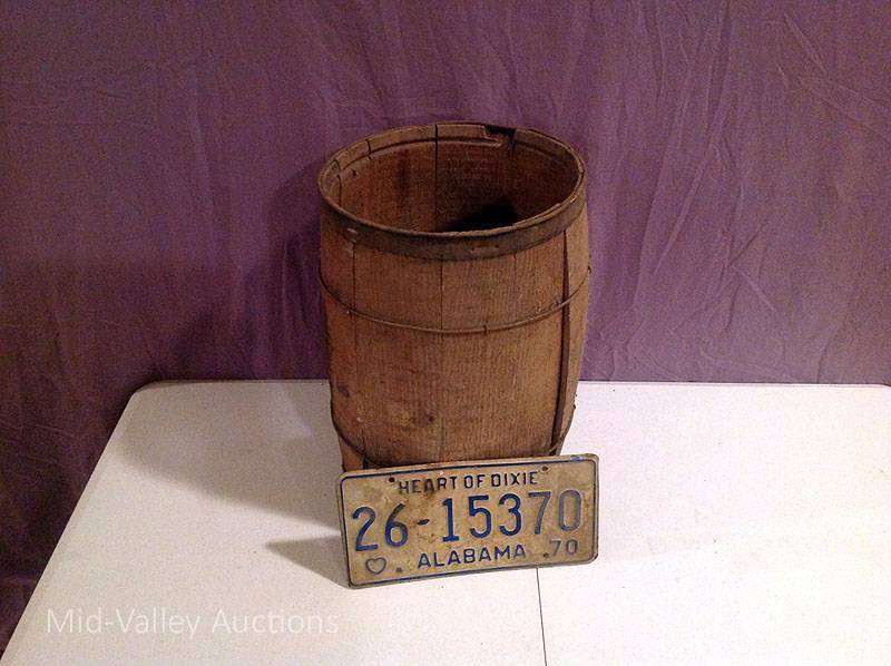 lot 119 image: Wood Barrel & 1970 Alabama License Plate