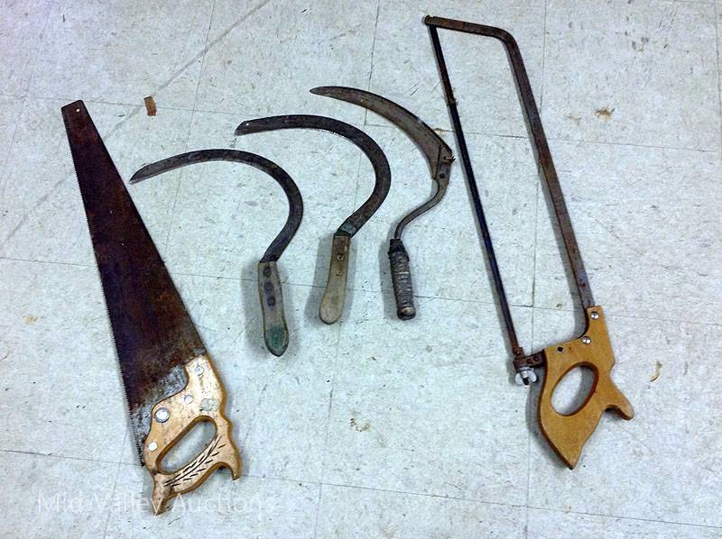 lot 161 image: Saws and Hand Scythe