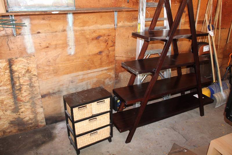 lot 9 image: Ladder Shelf and Wicker Drawer Storage Shelf