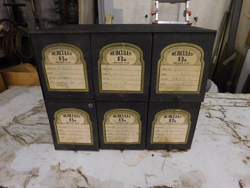lot 5 image: Antique Metal Hercules Records Filing Cabinet