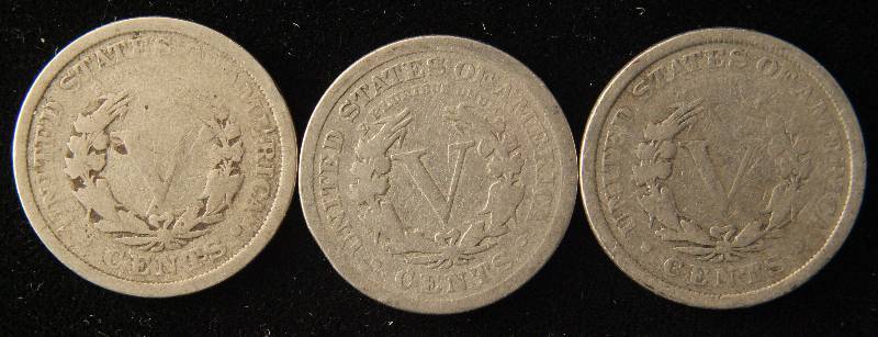 GROUP OF 3 LIBERTY V NICKELS 1901, 1905 & 1908