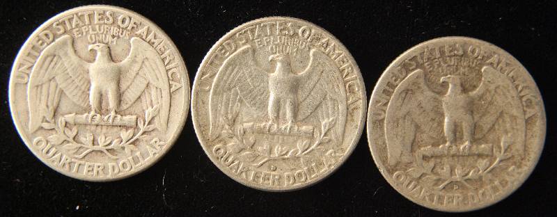 1941, 1946-D & 1963-D WASHINGTON SILVER QUARTERS