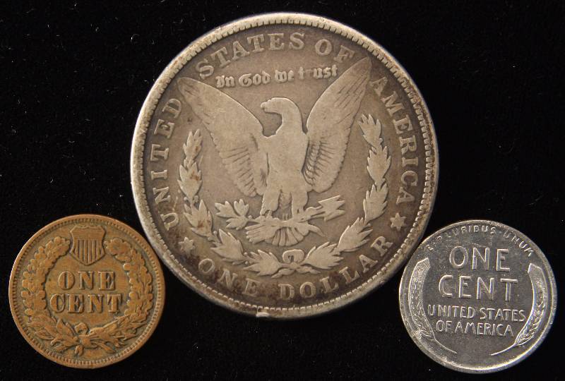 1921 MORGAN SILVER DOLLAR, 1905 INDIAN HEAD (FINE) & 1943 WAR CENT (AU)