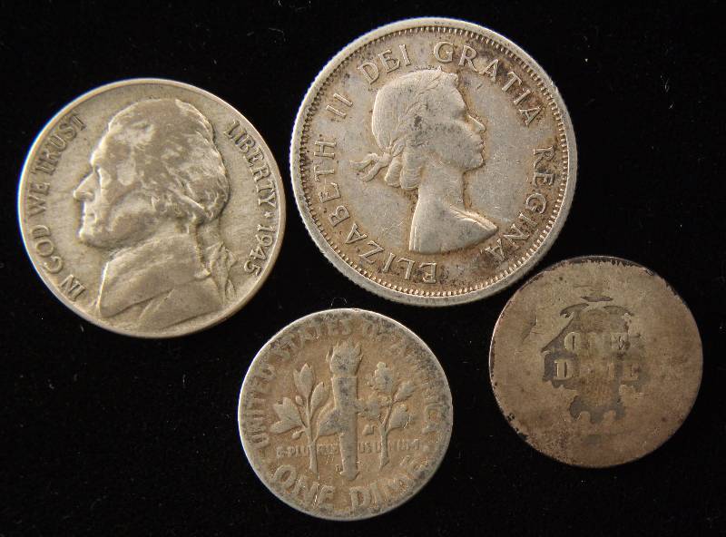 SILVER CANADA 25C, SILVER WAR 5C, 1946-D & 1875 SILVER DIMES