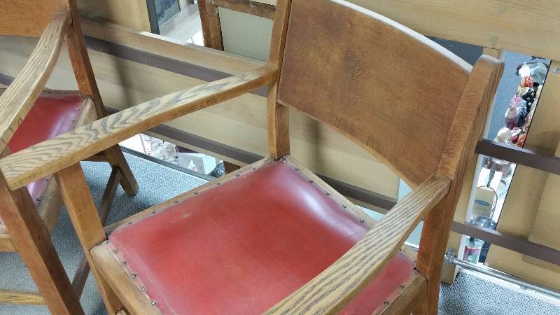 (8) Solid Oak & Red Seated Arm Chairs